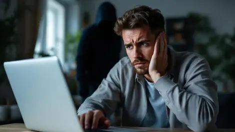 Worried caucasian person looking at laptop shadowy figure behind hacking threat uk home