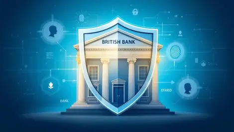 British bank building secure steel shield digital id icons fingerprint facial silhouette financial security fraud prevention