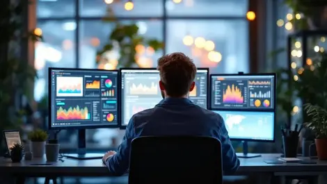 Developer working multiple screens data dashboards graphs cloud computing modern office