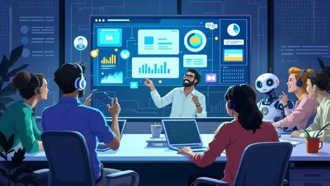 Humans robots collaborating modern office digital dashboard project management icons