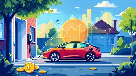 Electric car charging home uk suburban street energy graphs pound coins