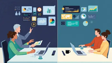 Business meeting contrast traditional methods vs digital analytics screens
