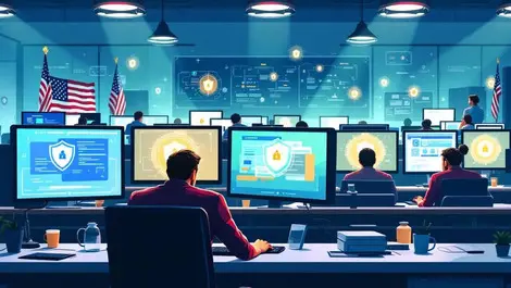 Busy it office security shield monitors us defense contractor american flags