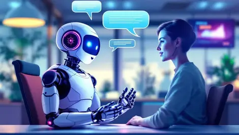 Friendly customer service robot communicating trust modern emea office