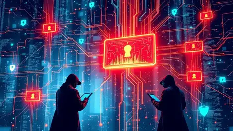 Digital network web glowing red breaches hackers vs blue security shields