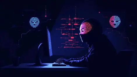 Masked figure at computer with digital shadows network breaches faces morphing deepfakes dark tense