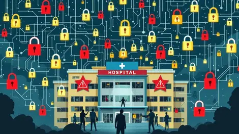 Hospital cybersecurity threat digital padlocks warning symbols shadowy hackers