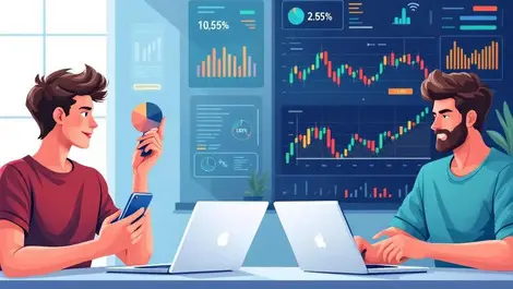 Young australian adults using smartphones laptops financial charts