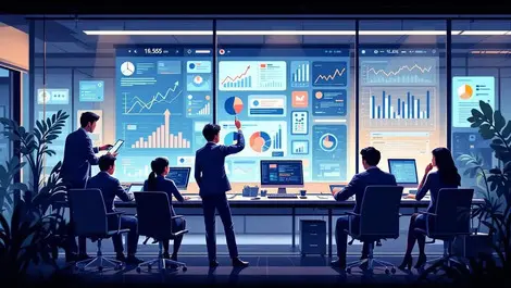 Modern office workspace computers digital screens graphs charts japanese southeast asian business collaboration