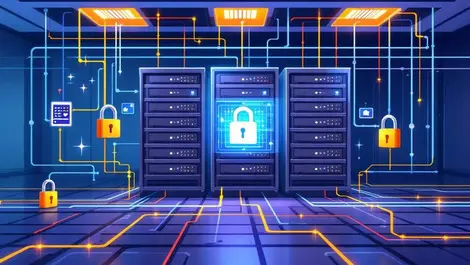 Secure server room ai data protection database servers digital padlocks cables governance security illustration