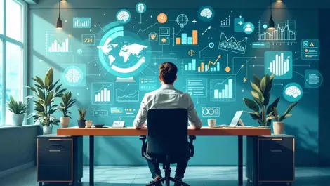 Finance chief desk digital graphs charts ai brain icons analytics strategy