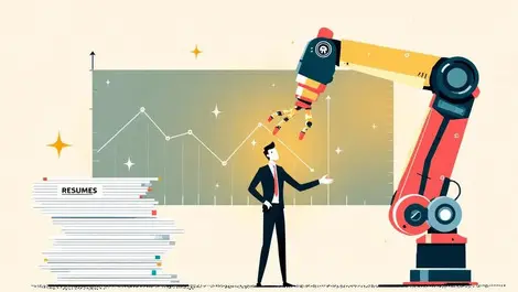 Worried businessperson between robotic arm and resumes with downward graphs ai job loss