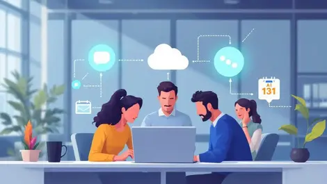 Business team collaborating laptop app icons workflow automation ai