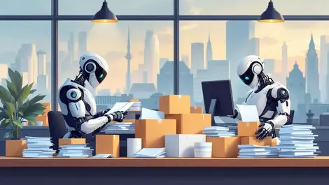 Modern office ai robots automating procurement paperwork european cityscape