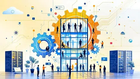 Modern office building gears human collaboration digital network ai transformation company structure