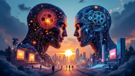 Cinematic film studio vs tech campus with reel streaming bridge