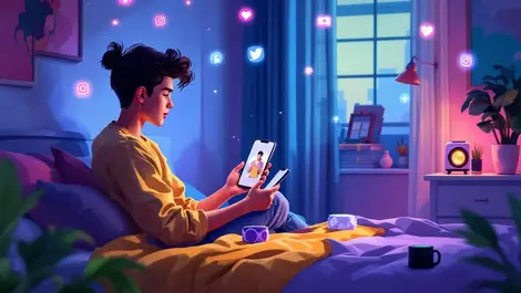 Genz comparing smartphones in cozy bedroom with gadgets and apps