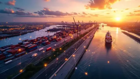 Aerial australian freight port highway ai logistics sunrise data