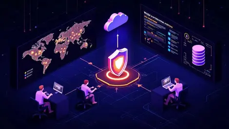 Isometric network ops room global threat intel automated cyber defense