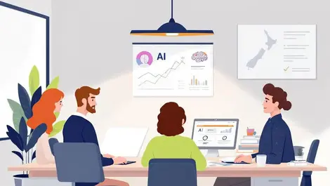 Nz office team reviewing ai strategy charts government backed planning