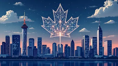 Canadian city skyline maple leaf blockchain web3 minimal daylight