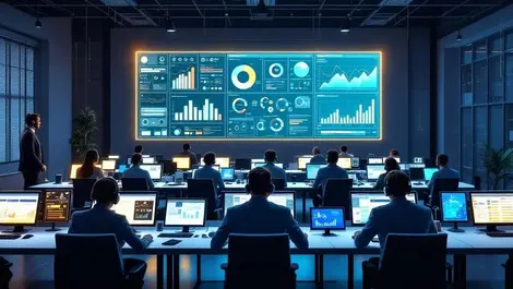 Modern call centre human agents and ai workstations digital dashboard