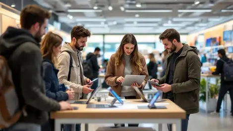 Modern european electronics store shoppers with laptops tablets