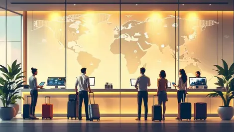 Modern hotel front desk cloud based checkin system world map