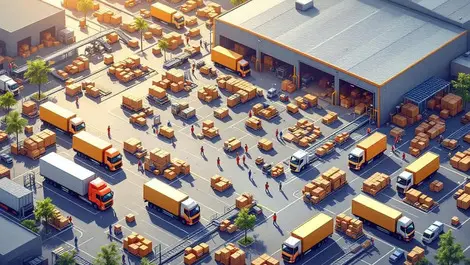 Aerial australian warehouse ecommerce robots trucks workers