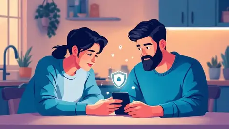 Teen student parent kitchen table phone shield privacy icons warm