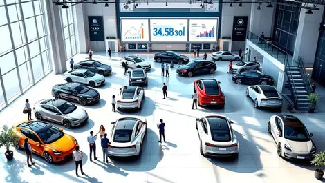 Us electric car dealership showroom overhead modern bright view