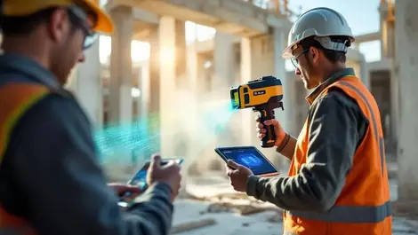 Engineers using handheld lidar scanner mapping 3d structure site