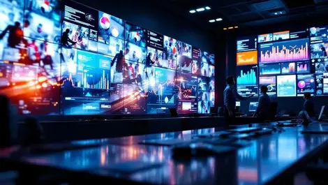 High end security control room screens with analytics it staff monitoring