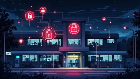 Australian hospital night cyber attack iot warning icons scene