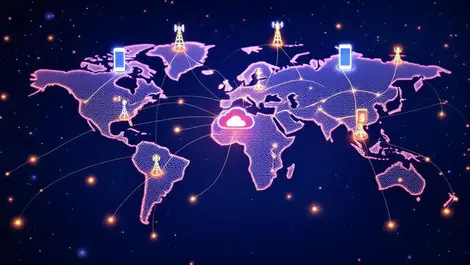 Global telecom cloud network world map investment icons glowing