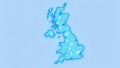 Uk map cybersecurity partners secure network office icons