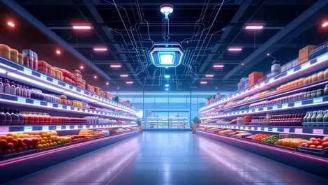 Modern supermarket aisle ai edge computing shelf labels sensors