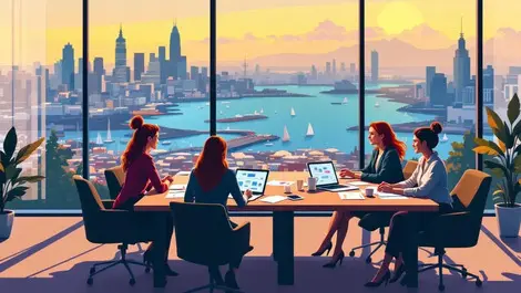 Nz harbour office women leading meeting data charts laptops