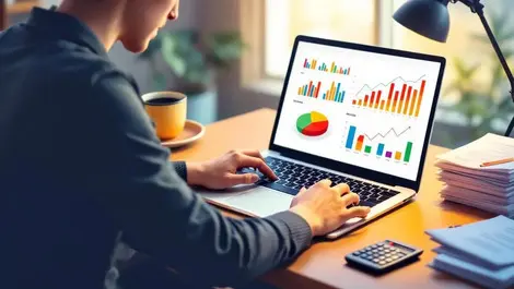 Anz small business owner laptop financial charts invoices desk