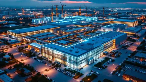 Aerial ultramodern us chip fab plant dusk lit glass cooling towers